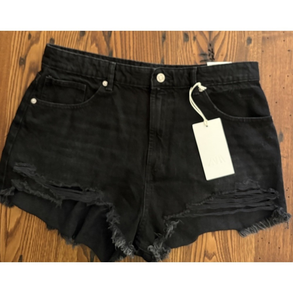 Zara High Rise Black Denim Jean Shorts Distressed Curved Fit  Size 12 NWT